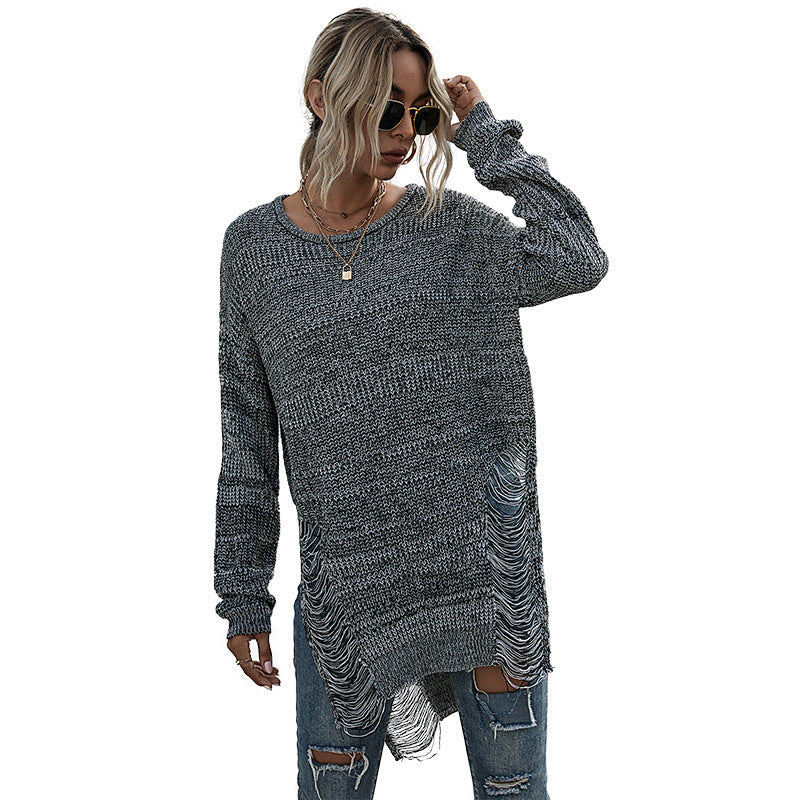Damen Grobstrick-Longpullover mit seitlichen Fransen und geripptem Saum Nord Taschen