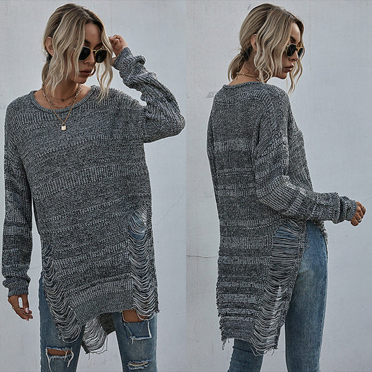 Damen Grobstrick-Longpullover mit seitlichen Fransen und geripptem Saum Nord Taschen