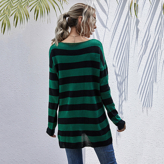 Damen Gestreifter Oversize Strickpullover mit V‑Ausschnitt und Distressed-Details Nord Taschen