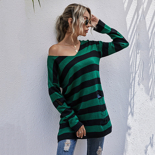 Damen Gestreifter Oversize Strickpullover mit V‑Ausschnitt und Distressed-Details Nord Taschen