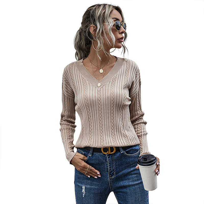 Damen Figurnaher Rippstrick‑V‑Pullover mit Ajour‑ und Zopfmuster Nord Taschen