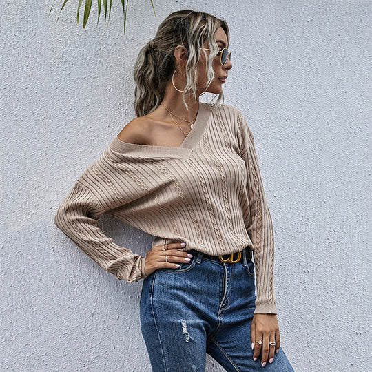 Damen Figurnaher Rippstrick‑V‑Pullover mit Ajour‑ und Zopfmuster Nord Taschen