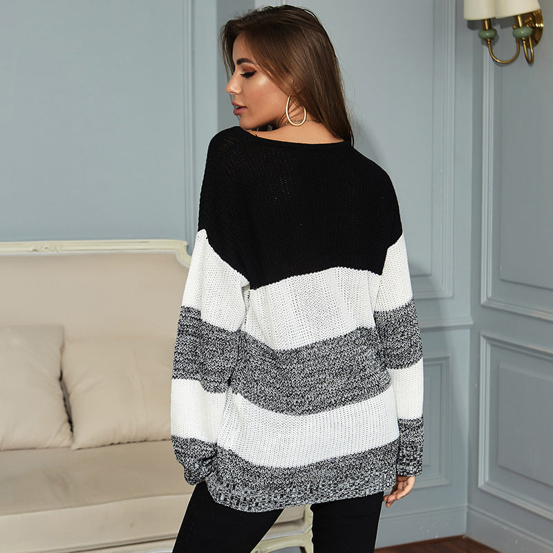 Damen Oversize Longpullover mit Blockstreifen und Rundhalsausschnitt Nord Taschen