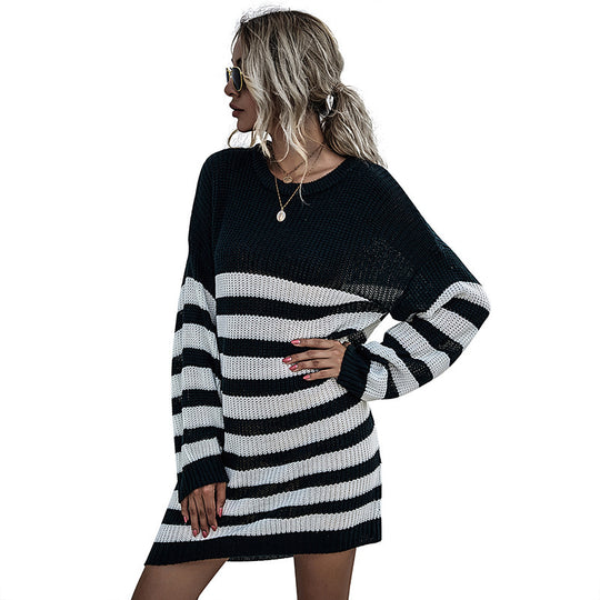 Damen Strickkleid im Oversize-Look mit Blockstreifen und geripptem Saum Nord Taschen