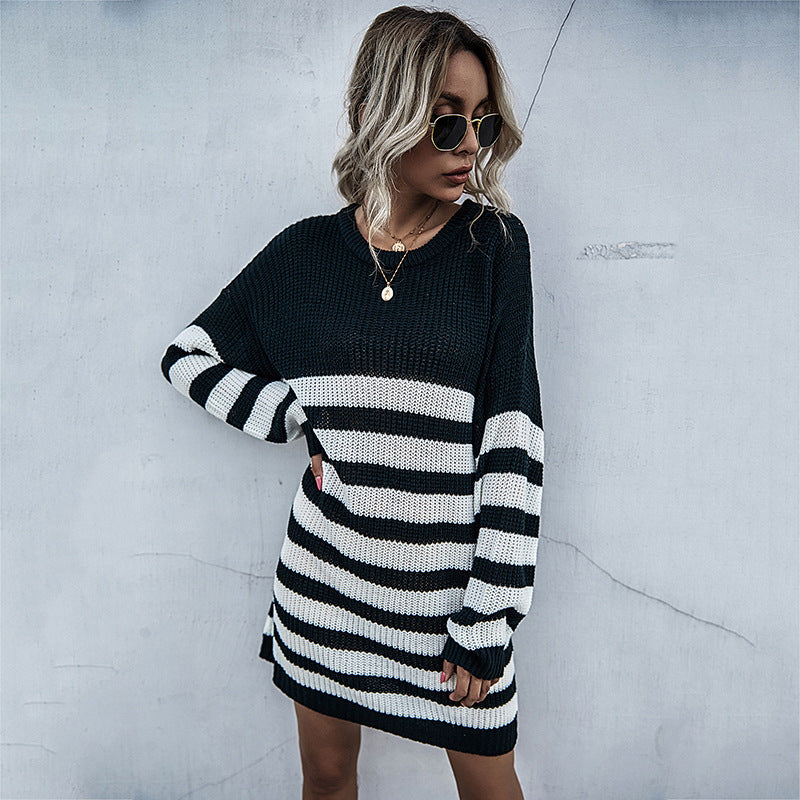 Damen Strickkleid im Oversize-Look mit Blockstreifen und geripptem Saum Nord Taschen
