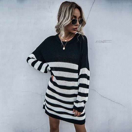 Damen Strickkleid im Oversize-Look mit Blockstreifen und geripptem Saum Nord Taschen
