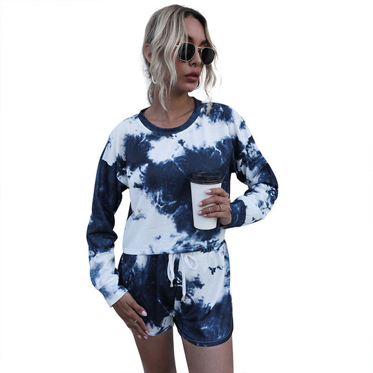 Damen Zweiteiliges Lounge-Set aus Baumwollmix mit Batik-Print, Cropped Sweatshirt & Elastik-Shorts Nord Taschen