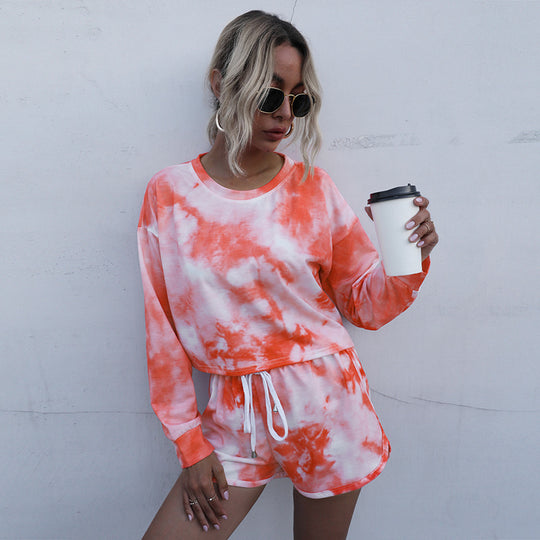 Damen Zweiteiliges Lounge-Set aus Baumwollmix mit Batik-Print, Cropped Sweatshirt & Elastik-Shorts Nord Taschen