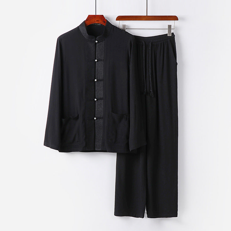 Herren Traditionelles Baumwoll-Loungewear-Set mit Stehkragen Knotenknöpfen und Kordelbundhose Nord Taschen