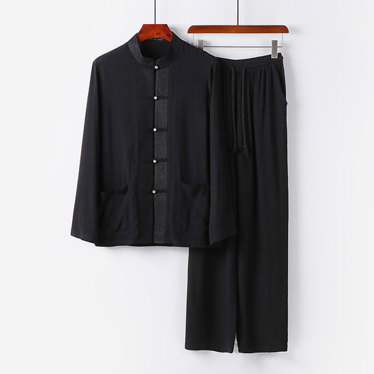 Herren Traditionelles Baumwoll-Loungewear-Set mit Stehkragen Knotenknöpfen und Kordelbundhose Nord Taschen