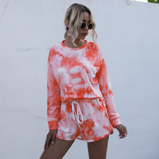 Damen Zweiteiliges Lounge-Set aus Baumwollmix mit Batik-Print, Cropped Sweatshirt & Elastik-Shorts Nord Taschen