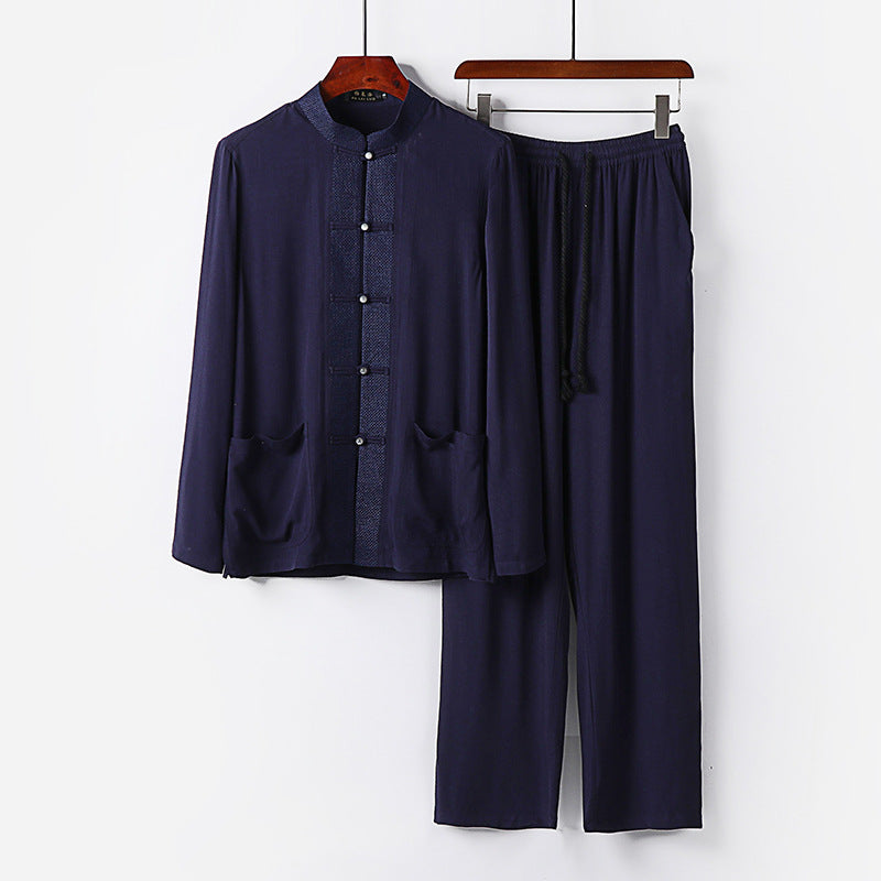 Herren Traditionelles Baumwoll-Loungewear-Set mit Stehkragen Knotenknöpfen und Kordelbundhose Nord Taschen