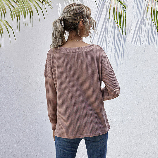Damen Lockeres Waffelstrick-Longsleeve mit V-Ausschnitt und gerippten Bündchen Nord Taschen