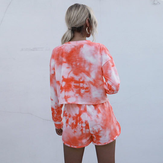 Damen Zweiteiliges Lounge-Set aus Baumwollmix mit Batik-Print, Cropped Sweatshirt & Elastik-Shorts Nord Taschen