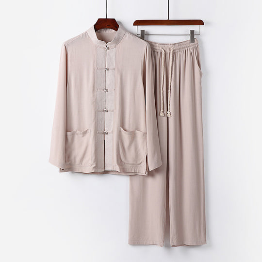 Herren Traditionelles Baumwoll-Loungewear-Set mit Stehkragen Knotenknöpfen und Kordelbundhose Nord Taschen