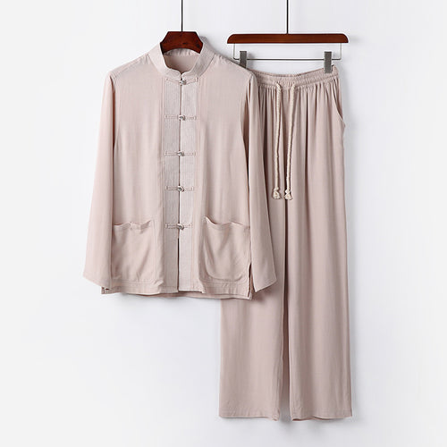 Herren Traditionelles Baumwoll-Loungewear-Set mit Stehkragen Knotenknöpfen und Kordelbundhose Nord Taschen