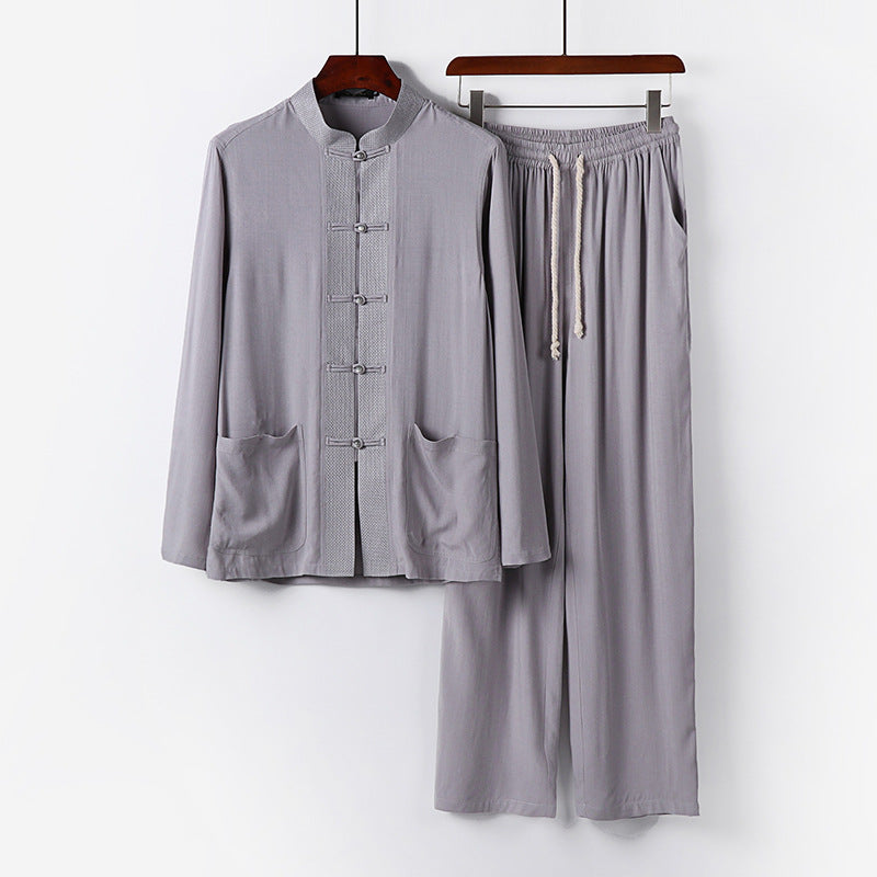 Herren Traditionelles Baumwoll-Loungewear-Set mit Stehkragen Knotenknöpfen und Kordelbundhose Nord Taschen