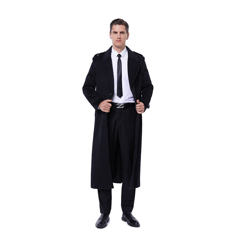 Herren Maxilanger Mantel aus Wollmix mit Bindegürtel, Epauletten und klassischem Revers Nord Taschen