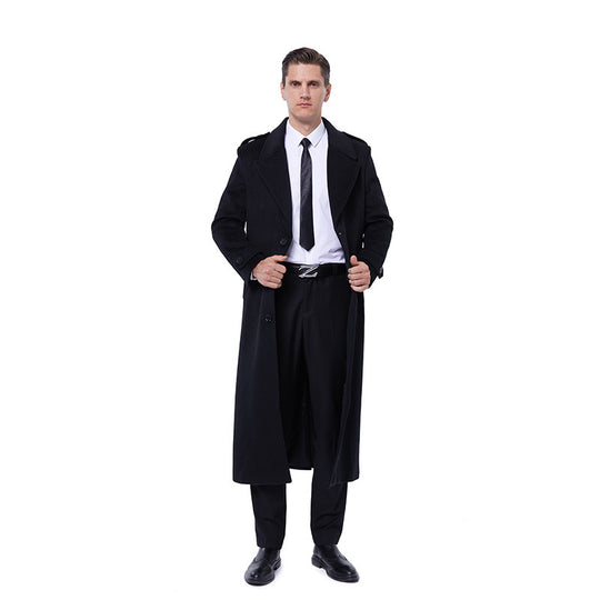 Herren Maxilanger Mantel aus Wollmix mit Bindegürtel, Epauletten und klassischem Revers Nord Taschen