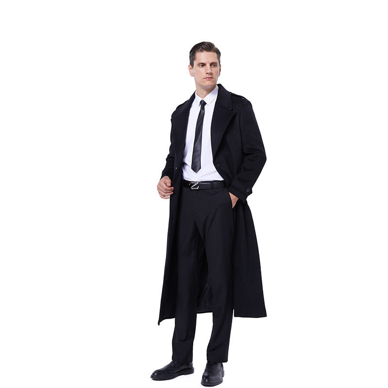 Herren Maxilanger Mantel aus Wollmix mit Bindegürtel, Epauletten und klassischem Revers Nord Taschen