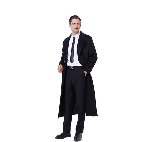 Herren Maxilanger Mantel aus Wollmix mit Bindegürtel, Epauletten und klassischem Revers Nord Taschen