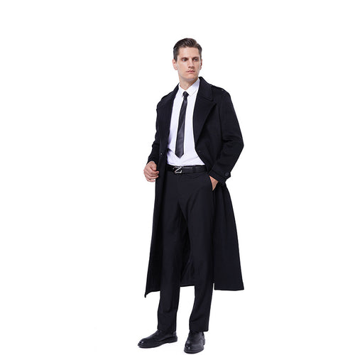 Herren Maxilanger Mantel aus Wollmix mit Bindegürtel, Epauletten und klassischem Revers Nord Taschen