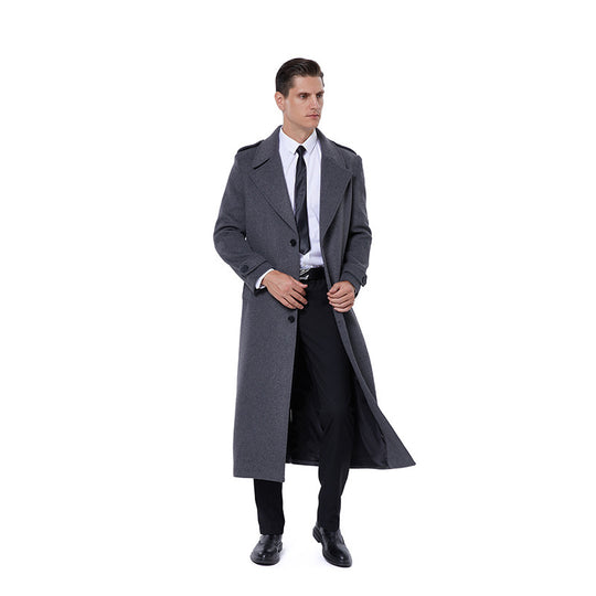 Herren Maxilanger Mantel aus Wollmix mit Bindegürtel, Epauletten und klassischem Revers Nord Taschen