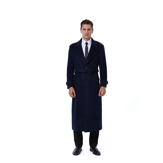 Herren Maxilanger Mantel aus Wollmix mit Bindegürtel, Epauletten und klassischem Revers Nord Taschen