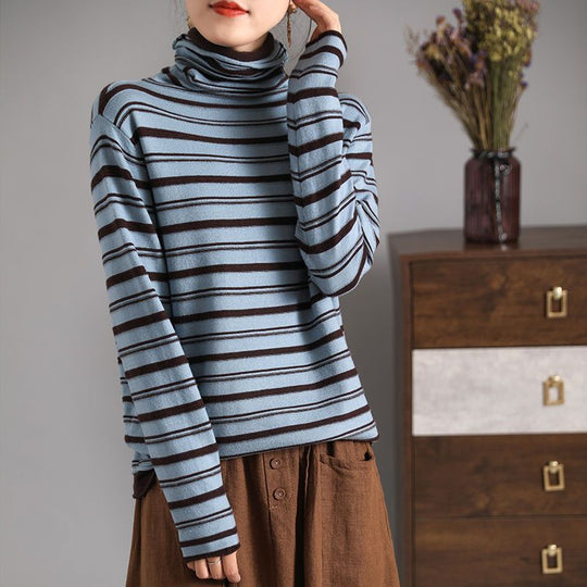 Damen-Langarmshirt mit Stehkragen und Streifenmuster