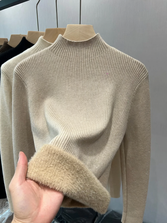 Damen-Strickpullover, gefüttert, Stehkragen, warm
