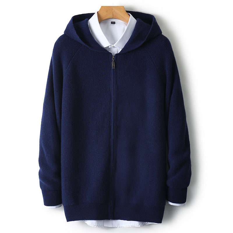 Herren-Strickjacke mit Kapuze, 100% Wolle