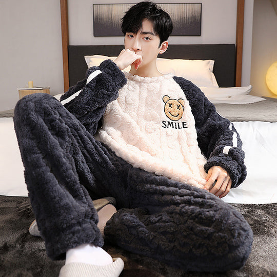 Herren-Pyjama-Set, Korallenfleece, gefüttert, warm