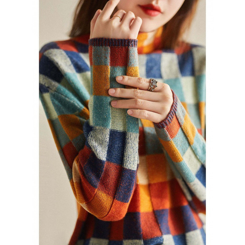 Damen-Strickpullover, Schachbrettmuster, Rollkragen