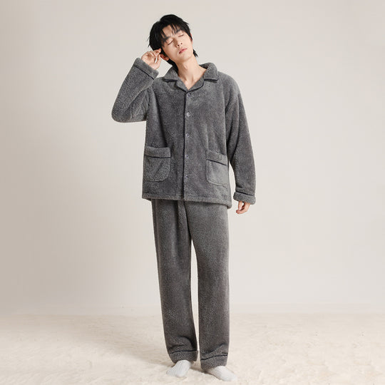 Paar-Schlafanzug aus Korallenfleece, warm, mit Revers