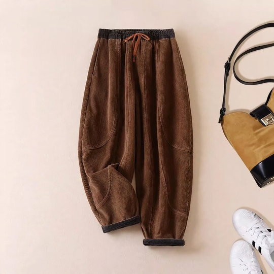 Damen-Cordhose, gefüttert, mit Bindegürtel, schmal zulaufend