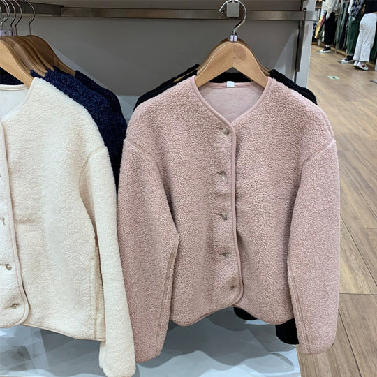 Damen-Strickjacke aus Lammfell-Imitat und Fleece