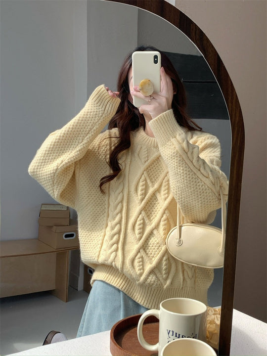 Damen-Strickpullover mit Zopfmuster, grob gestrickt