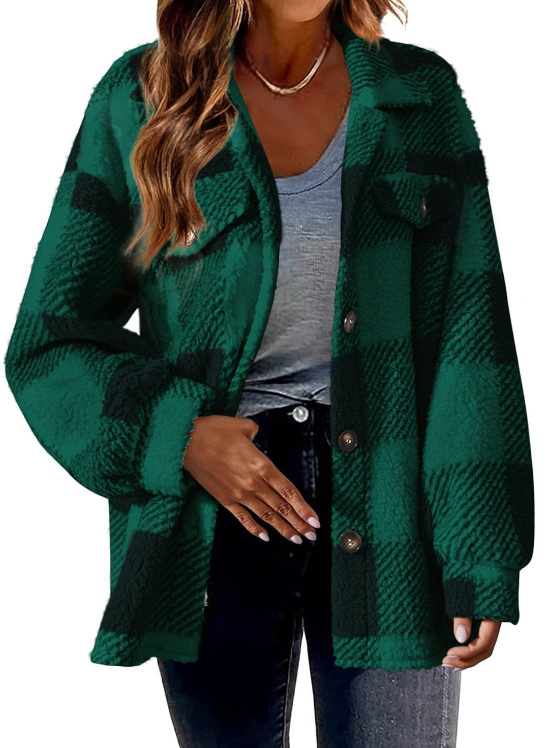 Karo-Jacke aus Lammfleece-Imitat mit Taschen