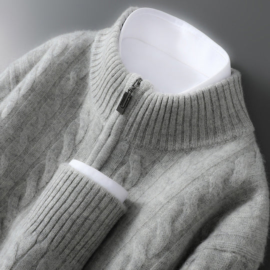 Herren-Wollpullover, 100% Wolle, Reißverschluss, Zopfmuster