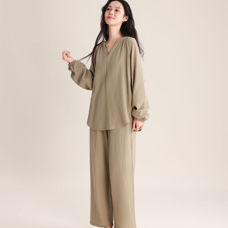 Damen-Pyjama-Set, Doppelschicht-Gaze, V-Ausschnitt