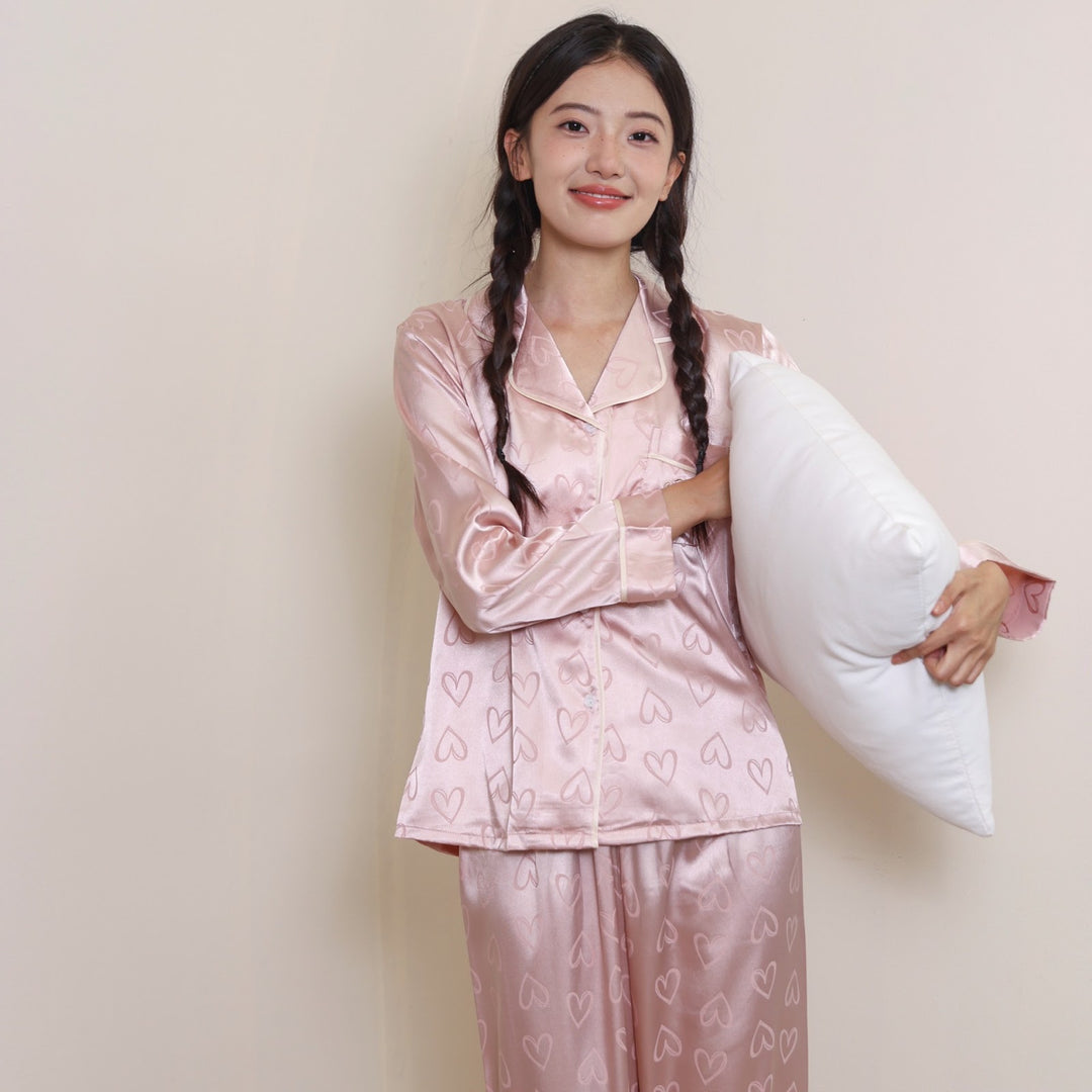 Damen-Pyjama-Set, Eisseide, Langarm, Herzmuster