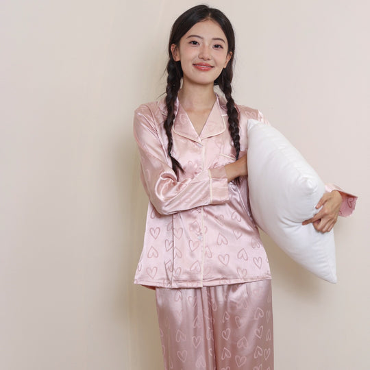 Damen-Pyjama-Set, Eisseide, Langarm, Herzmuster