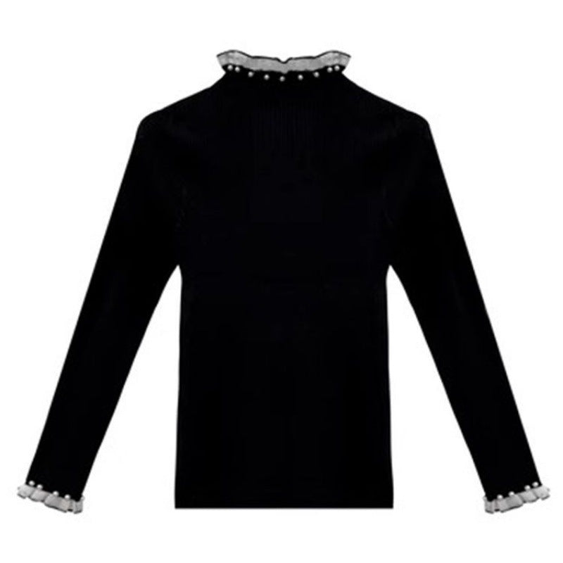 Damen-Strickpullover mit Stehkragen, Spitze und Perlen