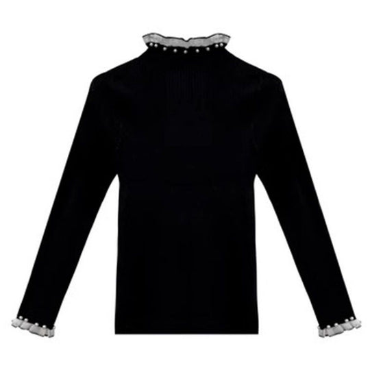 Damen-Strickpullover mit Stehkragen, Spitze und Perlen