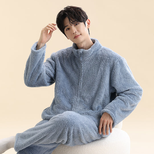 Herren-Pyjama-Set aus Korallenfleece, gefüttert, mit Reißverschluss