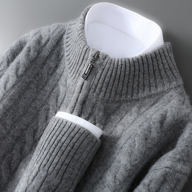 Herren-Wollpullover, 100% Wolle, Reißverschluss, Zopfmuster