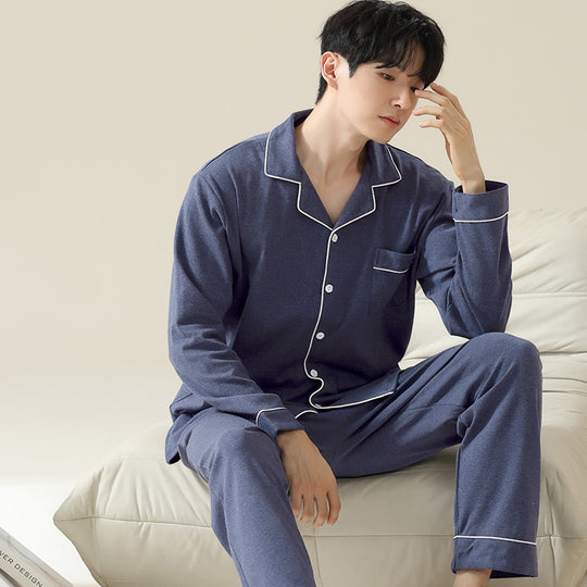 Herren-Pyjama-Set, Baumwolle, langärmelig, schlicht
