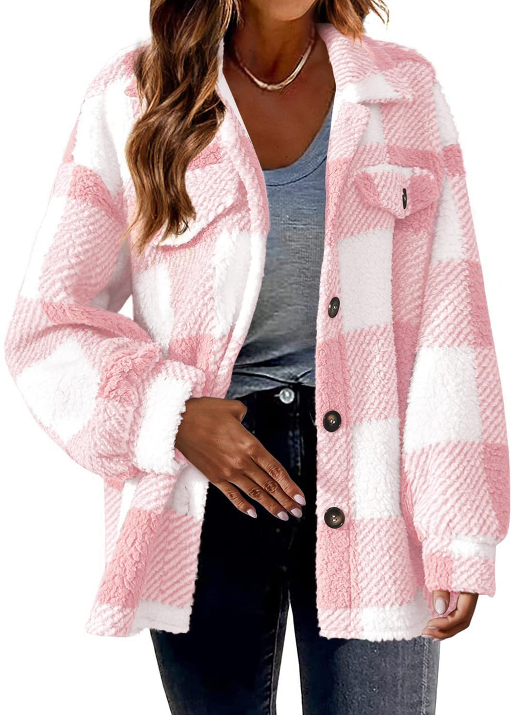 Karo-Jacke aus Lammfleece-Imitat mit Taschen