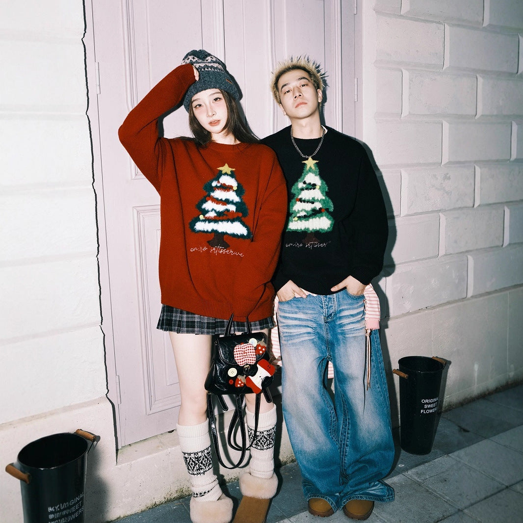 Unisex-Strickpullover, Weihnachtsbaum-Motiv, Kontrastfarben