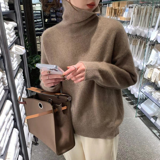 Damen-Rollkragenpullover, Strick, einfarbig, lässiger Stil